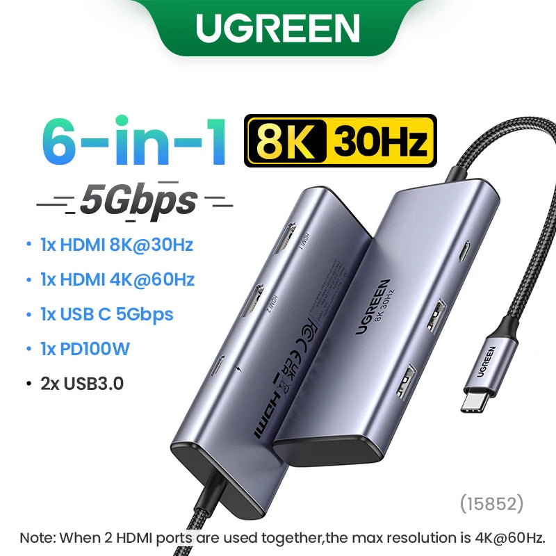 UGREEN Dual HDMI USB-C HUB 8K 4K HDMI Adapter 10 in 1 Splitter with RJ45 USB3.0 PD 100W Dock for MacBook Pro Air Laptop USB HUB