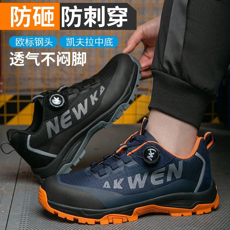 Fashion new safety work shoes anti-smash anti-puncture anti-odor men wear shoes non-slip knob buckle steel toe shoes