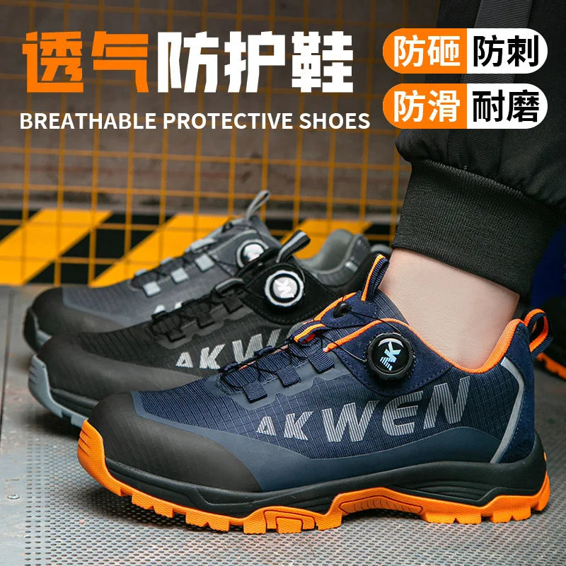 Fashion new safety work shoes anti-smash anti-puncture anti-odor men wear shoes non-slip knob buckle steel toe shoes